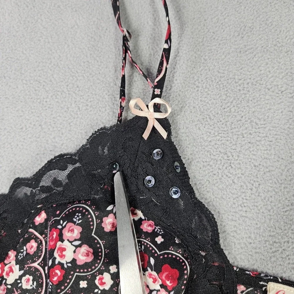 Y2K Babydoll Tank Top Womens M Floral Whimsigoth Dark Fairy Romantic Grunge Goth